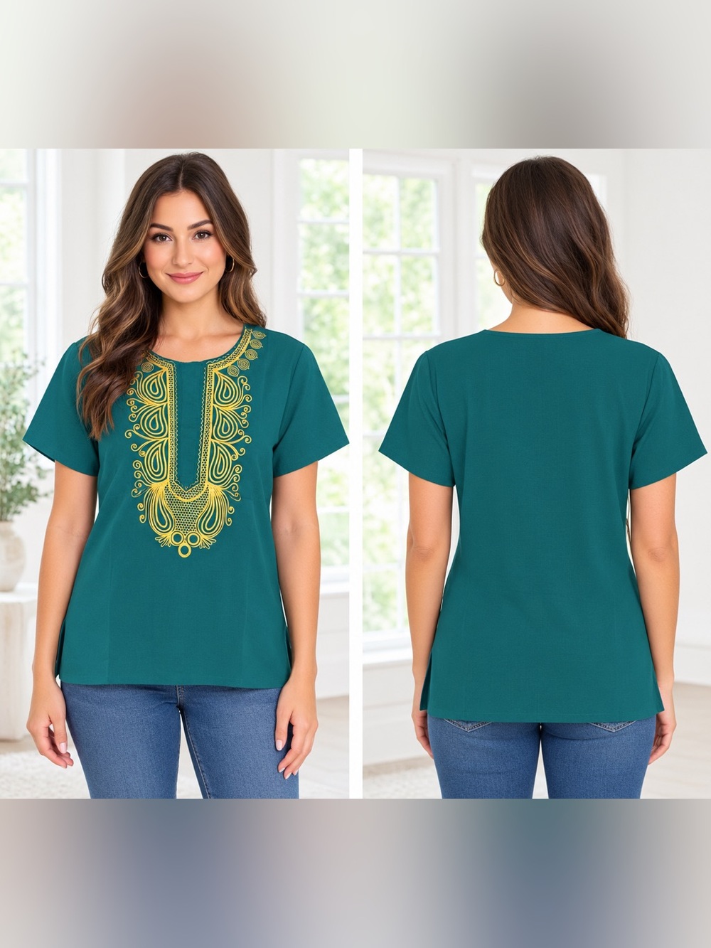 LucMatton Women’s Teal Gold Dashiki Print Tunic Top Size M NWT/
